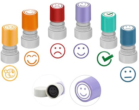 Qcdou 6 Stück Selbstfärbende Lehrer Stempel, Lob Ermutigung Kinder Stempel, Lehrerstempel Englisch, Bunte Cartoon Motivationsstempel, Schule/Familien/Kindergarten Bildung Lehrhilfen(A)