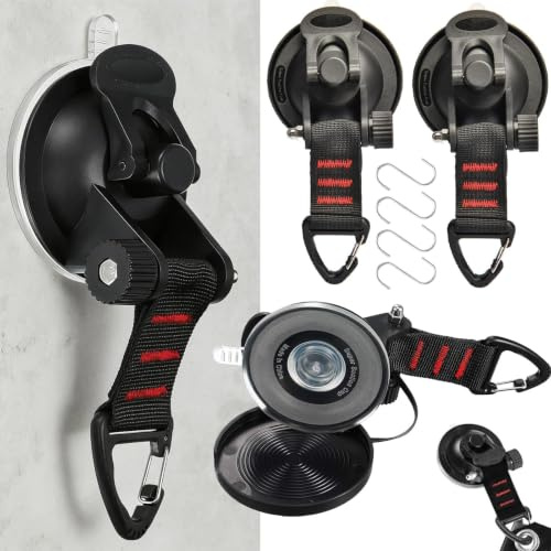 Norhogo 4 Pack Multipurpose Van Suction Hooks with Straps D Ring | Awning Suction Clamps, Suction Cups Clips for Glass, Car Mount Outdoor Securing Hook, for Home Outdoor Car Van Truck Boat