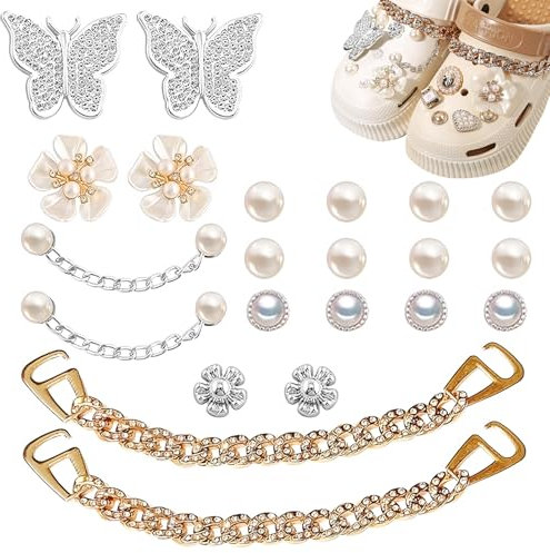 YALiya 20 Pièce Accessoires de Chaussure en Strass+2 Chaîne en or, Pins Crocs pour Femme, Breloques de Sabots, Ornements de Chaussure DIY, Accessoires de Chaussure pour Cadeau de Fête d'anniversaire