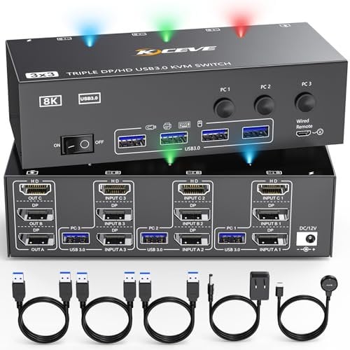 KVM Switch 3 Monitore 3 PC, Displayport HDMI USB 3.0 KVM-Umschalter Dreifachanzeige, unterstützt 4K@60 Hz für 3 Computer