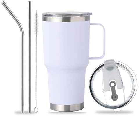 FRAGSCEN 30 OZ Insulated Tumblers with Lid and Straw, 304 Stainless Steel Tumbler with Handle, Double Wall Vacuum Travel Mug, Leakproof Water Bottle, White