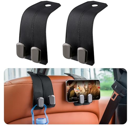NganSuRong 2 Pack Car Hooks for Headrest, 2 in 1 Leather Purse Hook for Car, Universal Seat Back Storage Hook Automotive Purse Bag Hanger