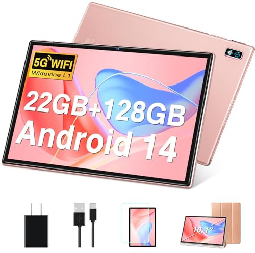 DEERTiME Tablet Android 14 Tablets 10.1 inch with 22GB RAM 128GB ROM, Octa-Core Processor 8000mAh TF 1TB, G+G HD IPS Display Tableta, Dual Camera, Widevine L1 Bluetooth GPS Tablet PC (Gold)
