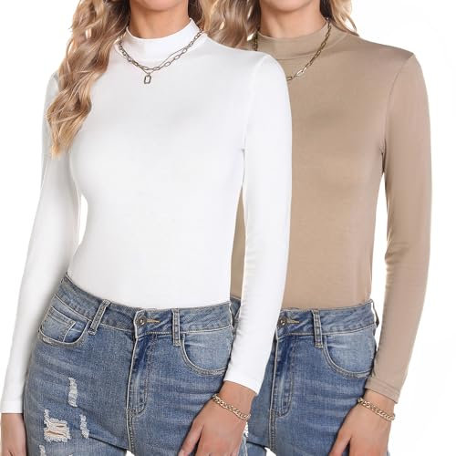 Aottori Langarmshirt Damen Stehkragen Oberteile Eng Elegant Rollkragenpullover Langarm T-Shirt Einfarbig Tops Slim Fit Wandershirt Casual 2er-Pack Weiß+Khaki M