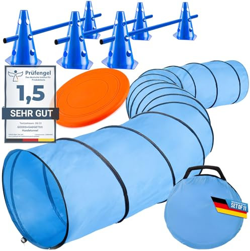 Tunnel d'agilité pour Chiens - Set d'accessoires d'agilité Grotte pour Chiens avec piquets, Sac de Transport, Frisbee et Haies à enfoncer avec Petits Chapeaux (Set: 500 cm + Accessoires)