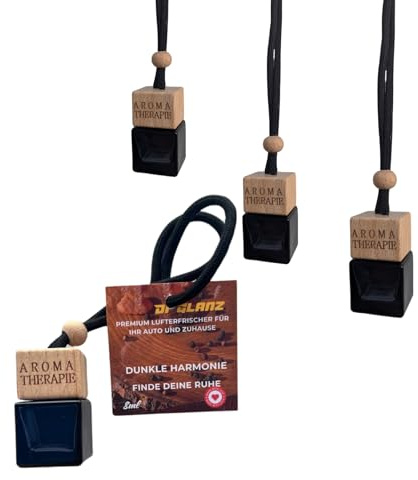 DI GLANZ Auto Duft 4er Pack 8ml-Duftöl für Auto & Raum - Kokosnuss, Rose, Erdbeere, Pfirsich, Jasmin, Sandelholz, Vanille, Meeresduft, Apfel, Zimt, Rhabarber, Patchouli (Dunkle Harmon)