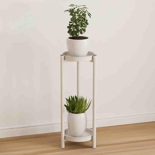 Mesa Auxiliar de 2 Niveles, Mesita de Noche Pequeña con dos Bandejas Extraíbles, Soporte de Metal Alto para Plantas para Interior o Exterior, Macetero para Macetas, para Dormitorio(White,20cm/8in)