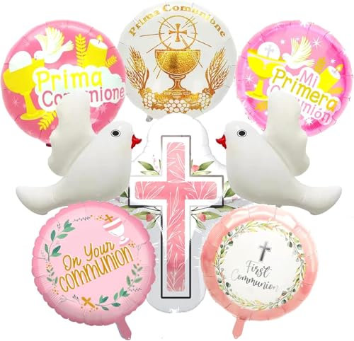 Luftballons Kommunion 8 Stück Luftballon Taufe Rosa Erstkommunion Luftballon Weiße Tauben Ballon Konfirmation Kreuz Luftballon für Junge,Mädchen,Taufe