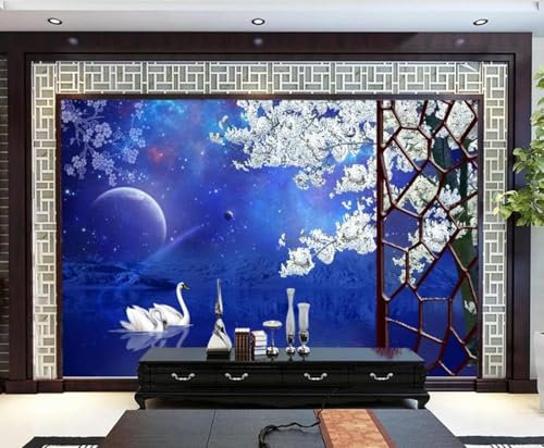 XLMING Fleurs Blanches Cygnes Étoiles Bleues Rivières 3D Papier Peint Décoration Manger Intérieure Salon Canapé Chambre Fond TV Mur-300cm×210cm