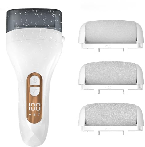 Hornhautentferner Elektrisch, Hornhautentferner Fußpflegegerät Pediküre Set mit IPX7 Wasserdichte, LCD-Display, 3 Ersatzrollen, Callus Remover für Rissige Fersen (Weiß)