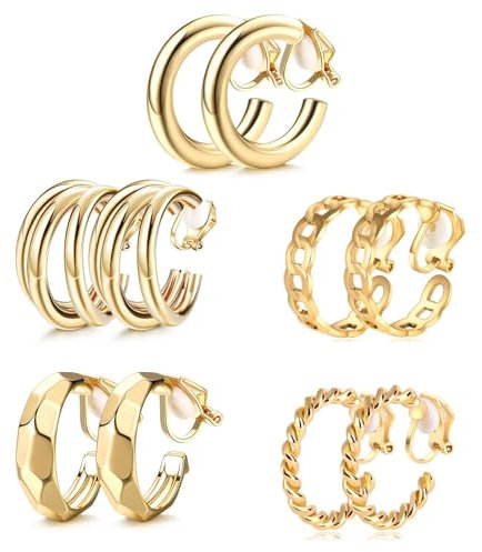 5 Paar Clip Ohrringe,Gold Ohrclips Für Damen,Ohrringe Ohne Ohrloch,Ohrclips Damen Ohne Ohrlöcher,Kein Ohrlöcher Clip,Material Legierung,Geeignet Für Frauen,Mädchen(Goldfarben)