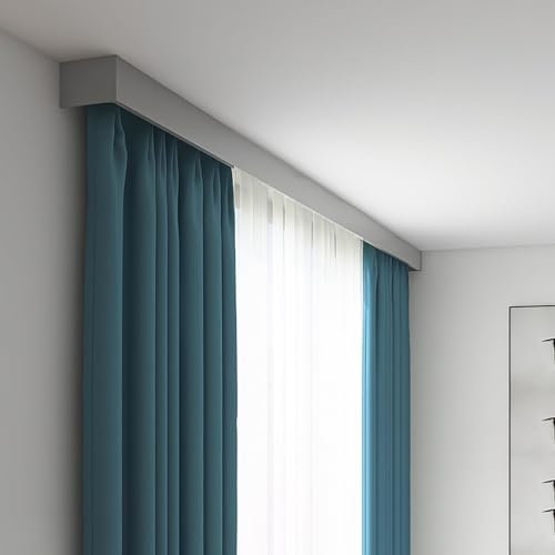 Vorhangschiene Gardinenschiene Anpassbare Vorhang-Balkenbox mit Schiene 100 cm 150 180 250 300 400 cm, Erkerfenster-Balkon-Vorhang-Volant-Schienen-Leiste, Vorhang-Gesimsbretter/Kassettenbox-Set(Gray,1