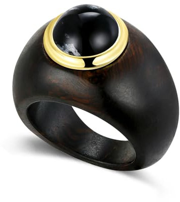 AILIFE Schwarzer Marmor Handgefertigte Kupfer Holz Ring, 14K Gold Sandalholz Unisex Schmuck für Männer Frauen, Natur-inspirierte Edelstein Hochzeitsring Geschenk (10)
