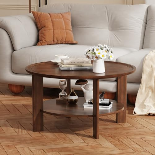 MIAUWUUFHOME Runde Holz Couchtisch, Mid Century Modern Runde Nussbaum Couchtische für Wohnzimmer, Kreis Couchtisch mit Lagerung Regal, einfache Montage, Kirsche Walnuss YKFZ-D0036-DCR