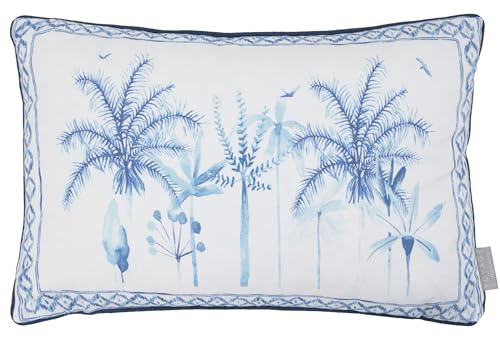 Voyage Maison Chora Feather Filled Cushion – Palm Tree Watercolour Coastal Cotton Linen Piped Edge Decor (Cobalt - 40x60cm)