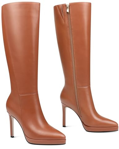 MERUMOTE Knee High Boots for Women Pointed Toe Platform Stiletto Heel Boots High Heel Side Zipper Boots Brown Matte US7