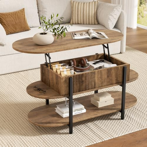 Mossora 106cm Oval Fluted Lift Top Coffee Table with Hidden Storage, Oak
