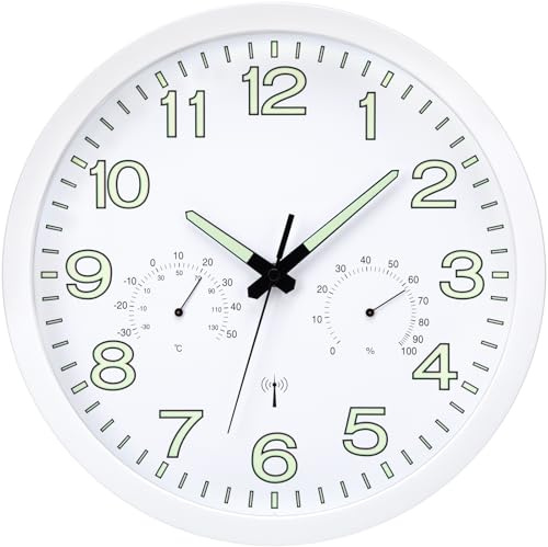VIVILINEN Wanduhr Funk Leuchtend mit Thermometer und Hygrometer | Funkuhr Wand Lautlos Moderne Wanduhr ohne Tickgeräusche Uhr Wand für Wohnzimmer, Küche, Büro, Schlafzimmer, 30cm