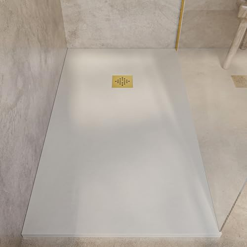 SoulHome Receveur de douche Résine 120x90 Crème Intense Grille Dorée | Antidérapant C3, extra-plat, résine et charge minérale, texture pierre lisse, antibactérien, gel-coat, + bonde d'évacuation