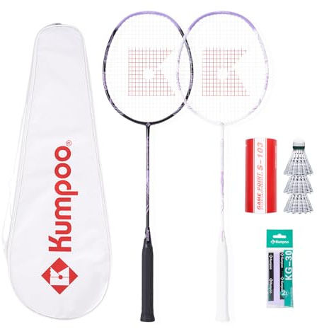 KUMPOO Badminton 2er Set Schläger mit Overgrips, 3 Federbällen und Tasche