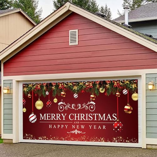 Weihnachten Garagentor Banner,Große Merry Christmas Weihnachtskugeln Weihnachtsbanner Backdrop für Outdoor Indoor Wand Hof Garten Weihnachtsdeko Hintergrund Neujahr Heiligabend Dekoration (Rot)