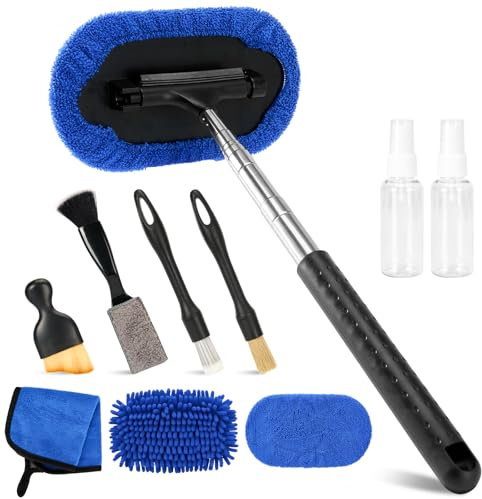 Bafeil 10PCS Car Detailing Kit with Extendable Windscreen Cleaner Tool - Interior Exterior Cleaning Brushes, Microfiber Pads Towel, Squeegee & Spray Bottles for Auto Window Glass Car Accessories
