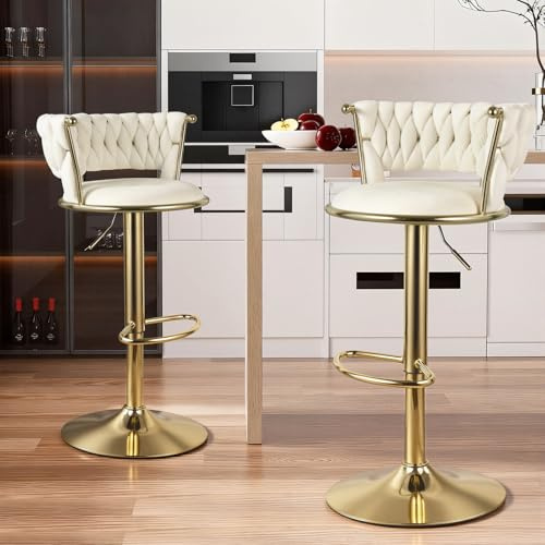 Hawthyhome Barhocker 2er Set, Höhenverstellbar Barstuhl mit Metallrahmen, Ergonomisch Küchenhocker mit geflochtener Rückenlehne für Küche, Hausbar, Gold/Beige