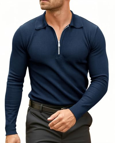 Lehmanlin Poloshirt Herren Langarm Waffelstrick T Shirts Männer Hemd Herren Slim Fit Golfhemd mit Reißverschluss（S-2XL）