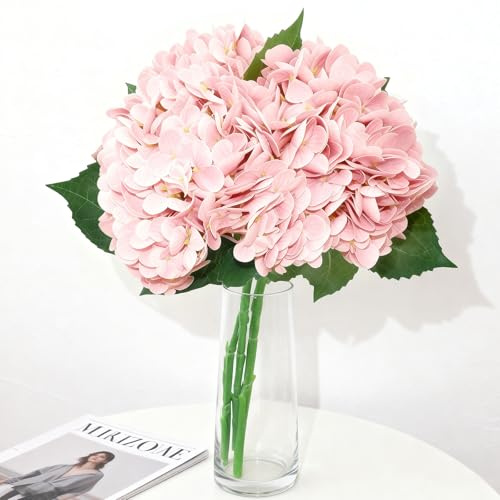 BOVUN 3PCS Artificial Silk Hydrangeas, Realistic Faux Hydrangea Bouquet for Home, Office, Wedding or Party Decoration (PINK)