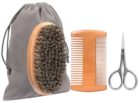LAKPYN 4 Pezzi Set di Accessori per Barba:Spazzola Barba,Pettine di legno Massiccio,Forbici + Sacchetto di Stoffa,Adatto all'Aperto,Viaggi, Regali per Uomini