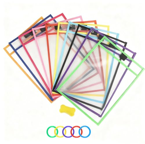 Elyyapt 24 PCS Dry Erase Pockets Set 35.5×25.7cm Reusable Plastic Sleeves Transparent Sheets Erasable Pockets Reusable Write and Wipe Clean Pocket with Bone Shape Eraser Ring for School Home