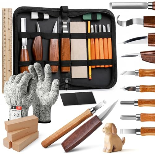 Schnitzwerkzeug Holz Schnitzset für Anfänger, 23-teiliges Schnitzmesser Set | Carving Kit mit 4 großen Holzschnitzmessern, 5 Detailmessern, Anleitung, Handschuhen und Lindenholz - Erwachsene Geschenk