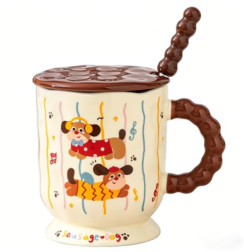 Taza Dachshund con tapa y cuchara de acero inoxidable | Decoración de perro salchicha, cerámica, taza de café, taza de té, regalos divertidos para mujeres, lindas tazas lindas