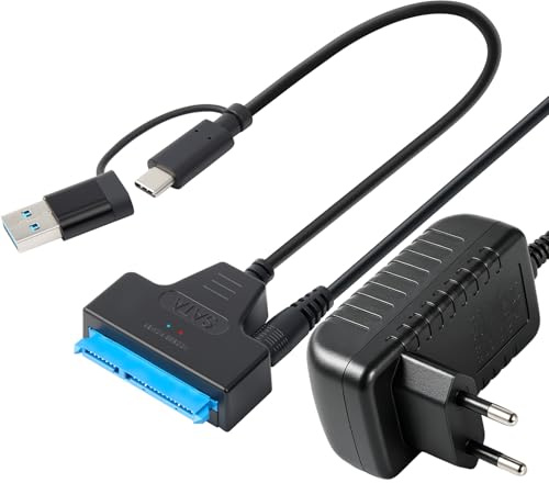 Apcodino Cable SATA a USB 3.0 para SSD y HDD 2.5 y 3.5 con Fuente 12V 2A | Cable Lector Disco Duro Externo e Interno, Transferencia Rápida 5Gbps UASP, Convertidor SATA a Tipo C para Windows Mac Linux