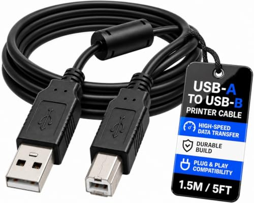 USB Printer Cable, USB Type A to B, MIDI Controller & Scanner Lead, 1.5M | Compatible with HP, Epson, Canon & Brother Printers. Ideal for Keyboards, Digital Pianos, DACs & Audio Interfaces.