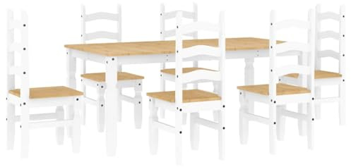 Qnhdfrt 7-TLG. Essgruppe Panama Weiß, Esstisch mit 6 Stühlen aus Massivholz Kiefer, Esszimmerset 180x90 cm für 6 Personen, Klassische Tischgruppe Landhausstil für Küche und Esszimmer