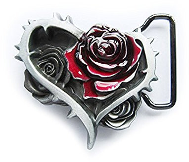 eeddoo® Gürtelschnalle - Herz mit Rosen & Dornen - Blume - Flower Buckle (Buckle für Wechselgürtel für Damen und Herren | Belt Frauen Männer Oldschool Rockabilly Metall Rock Biker Liebe Love)