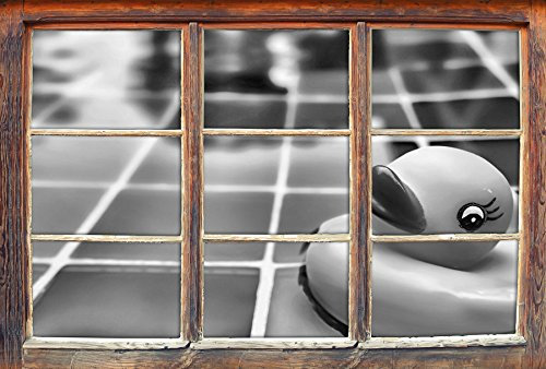 Stil.Zeit Monocrome, Quietsche Ente im Bad Fenster im 3D-Look, Wand- oder Türaufkleber Format: 92x62cm, Wandsticker, Wandtattoo, Wanddekoration