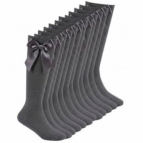 Sock Stack 6 Pairs Girls Knee High School Socks with Fluffy Ribbons Bow Cotton Sock Long Uniform Back to School Party Wear, Grey 12-3 (EU 31-36)
