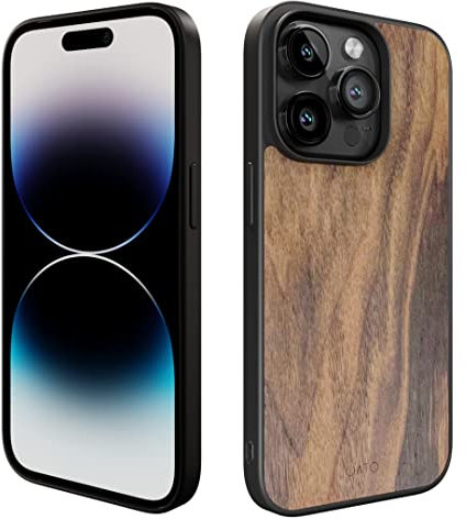 iATO iPhone 14 Pro Max Magnetic Wood Case. Unique & Classy Shockproof Protective Cover. Compatible with MagSafe & Wireless Charging Real Wooden Overlay on Soft Black TPU - Natural Walnut