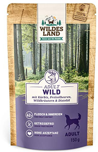 Wildes Land - Nassfutter Pouches - Nr. 7 Wild - 8 x 150 g - mit Kürbis, Preiselbeeren, Wildkräutern & Distelöl - Glutenfrei - Extra viel Fleisch - Beste Akzeptanz und Verträglichkeit