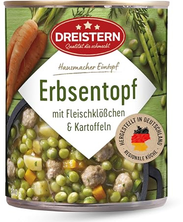 DREISTERN Erbsentopf 800g I Mit Fleischbällchen & Kartoffeln I Herzhafter Eintopf in recyclebarer Konservendose I Lange Haltbarkeit dank natürlicher Konservierung I Hausmacher Qualität