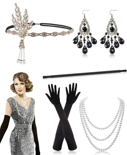 Alintor 20er Jahre Accessoires damen, Gatsby Accessoires Damen, Charleston Kleid 20er Jahre, 20er Jahre Kostüm Damen Set für Federboa Schwarz, Peaky Blinders Kostüm, 20er Jahre Kleid Party