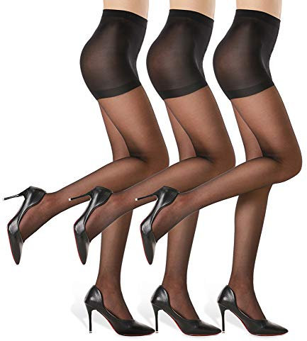 WAKUNA 3 Pairs Women's Sheer Tights - 20D Control Top Nylon Pantyhose with Reinforced Toes (Black, M)