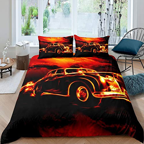Homemissing Auto Bettwäsche Set 135x200cm Feuersportwagen Bettbezug Set für Jugendliche Erwachsene Extremsport Thema Betten Set Cool Speed Rennwagen mit 1 Kissenbezug 2St