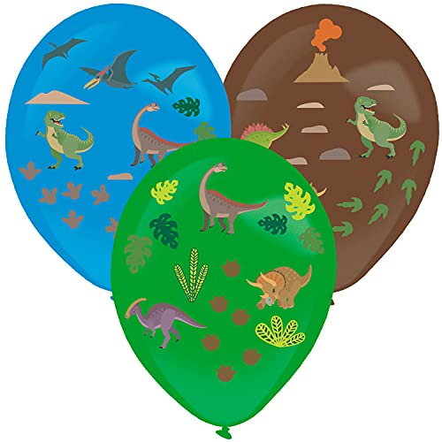 Amscan 9911769 - Latexballon-Set Dinosaurier, 3 Luftballons, 35,5 cm und Aufkleber zur Dekoration, Dinos, Kinder-Geburtstag, Geschenk, Motto-Party