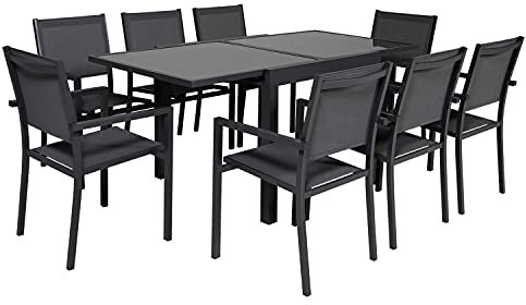 Salon de Jardin LAMPEDUSA Extensible en textilène Gris 8 Places - Aluminium Anthracite