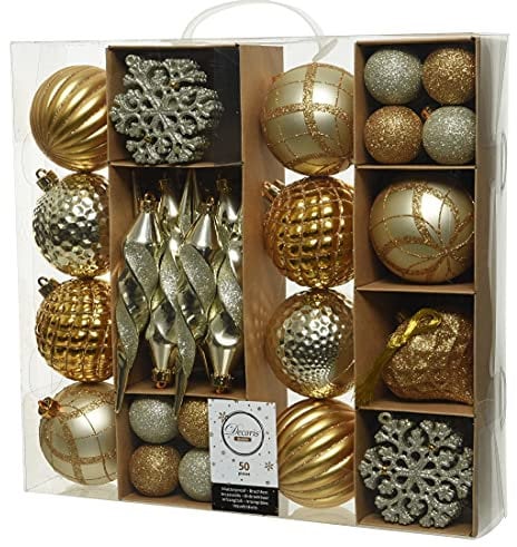 Decoris ETC 50-er Set Kugelmix PVC Weihnachtskugeln Baumschmuck bruchfest Christbaumschmuck für innen und außen (Gold/Champagner)