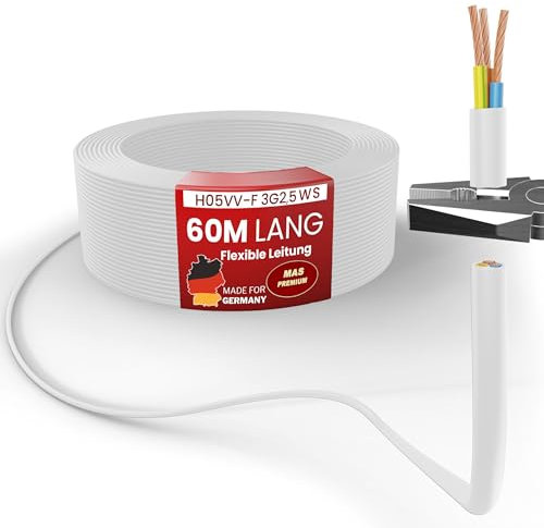 MAS Premium Von 5 bis 100m Kunststoffschlauchleitung H05VV-F 3G0,75; 3G1; 3G1,5 oder 3G2,5 Weiß Flexible Leitung Kabel Leitung Gerätekabel (H05VV-F 3G2,5 WS, 60m)
