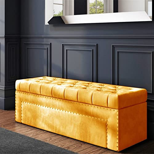 Duke Ottoman storage Box - Plush Velvet Storage Ottoman with Decorative Tacks- Ottoman Shoe Bench with Storage - Chesterfield Upholstered Coffee Table- End of bed Storage Bench, Blanket Box